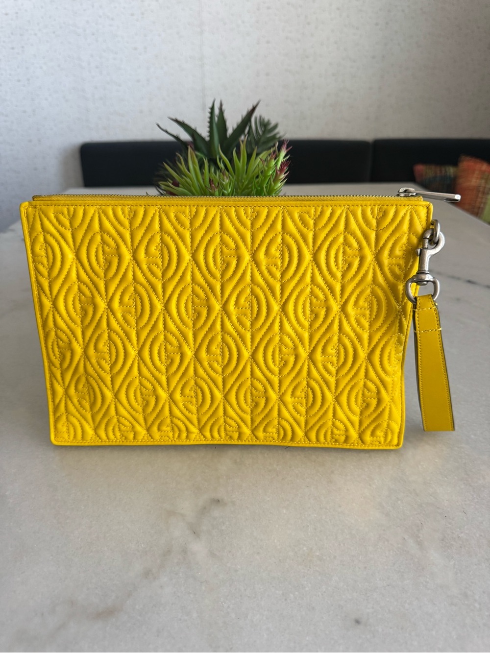 Gucci Yellow Quilted Zip Pouch Wristlet w/ Wrist Strap & Credit Card Feature